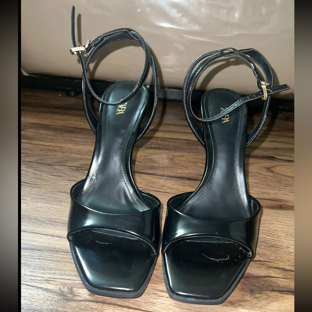 Zara Black Ankle Strap Open Toe Heels